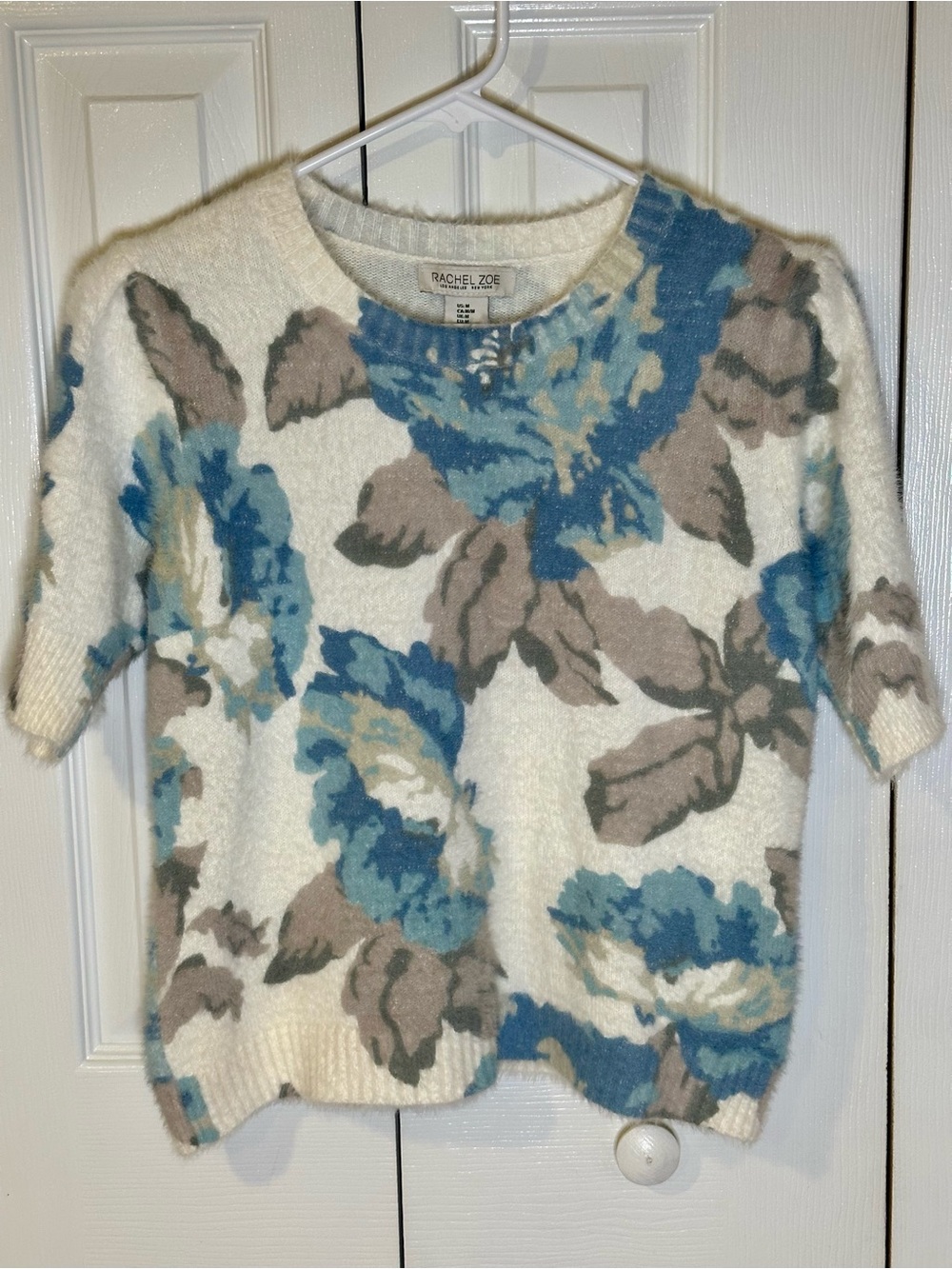 Rachel Zoe Cream Sweater with Blue and Taupe Floral Motif